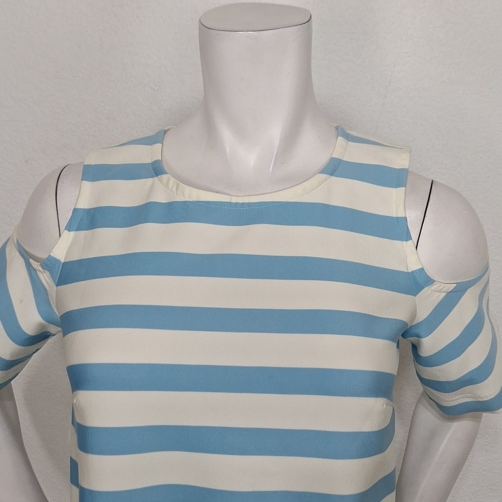 Tanya Taylor Preppy Blue & White Stripe Cold Shoulder Blouse Made in USA Size 6 - Picture 2 of 13